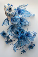 Aufkleber - Elegant depiction of a string art fish, with blue and silver threads on a neutral background,