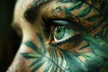 Sticker - Intense gaze through leafpatterned body paint, symbolizing a deep connection with nature