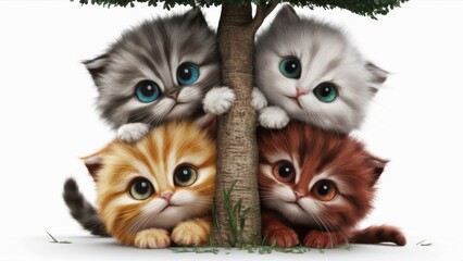 Canvas Print - Three kittens are sitting on top of a tree with their heads peeking out, AI