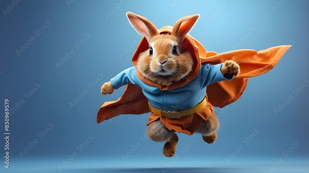 superpower Bunny, Cute orange bunny with a blue cloak and mask flying ...
