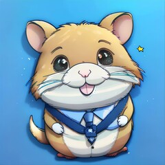 Wall Mural - Cute cartoon hamster character, standing upright with a cheerful expression. Dressed in a blue tie against a bright blue background, this charming illustration is ideal for children