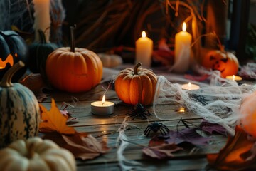 Wall Mural - Joyful Event Halloween holiday pumpkin and candles on the wooden table, Celebration Mysterious October.