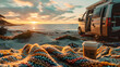 © Prasanth - campervan with hot coffee and knitted blanket on the beach at sunset near sea view