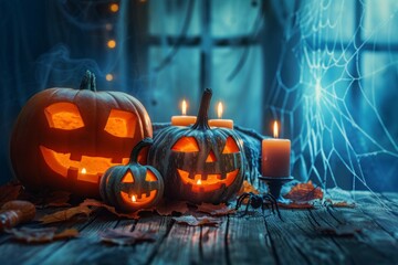 Wall Mural - Joyful Event Halloween holiday pumpkin and candles on the wooden table, Celebration Mysterious October.