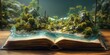© QuietWord - beautiful island with small village, enchanted magic fairytale book with fantasy scene pop up on page, with glitter glow light