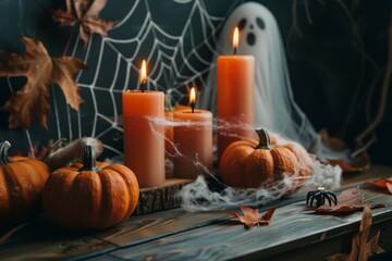 Wall Mural - Joyful Event Halloween holiday pumpkin and candles on the wooden table, Celebration Mysterious October.