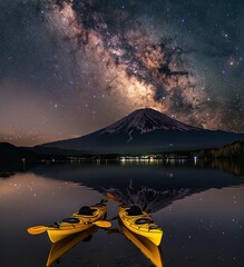 Wall Mural -   A pair of kayaks resting on a serene lake at night, surrounded by a sky full of shimmering stars and the soft glow of the Milky Way