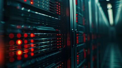 Poster - A computer server room with many red lights