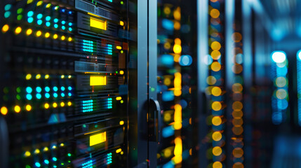 Poster - A computer server room with many servers and a yellow light on the front