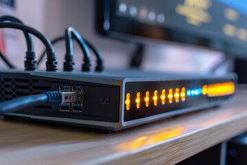 Poster - A computer network switch sits on a wooden table