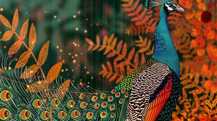 Poster -   A peacock standing before a leafy tree