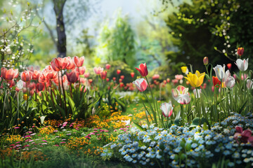 Sticker - A beautiful garden with a variety of flowers including pink, yellow, and white