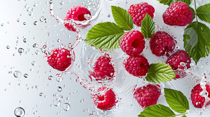 Wall Mural - Raspberry with leaves and splashes of water on a monochrome background