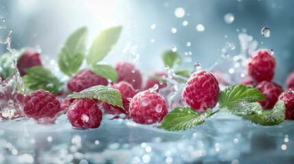 Wall Mural - Raspberry with leaves and splashes of water on a monochrome background