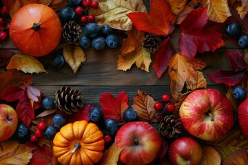 Wall Mural - top view of seasonal autumn fruits, berries, and leaves arranged on a wooden background