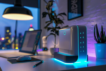 Poster - A desk with a computer, a mouse, and a plant