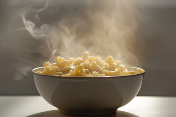 A bowl of pasta is steaming with steam