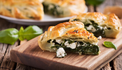 Greek spinach and feta cheese pie. Tasty spanakopita on wooden board. Delicious homemade food