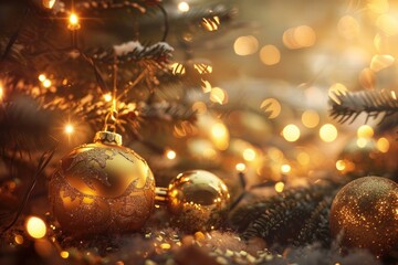 Poster - Elegant gold baubles and twinkling lights adorn a christmas tree, evoking a warm holiday spirit