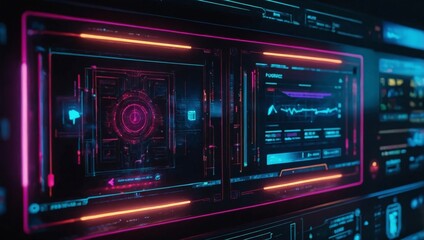 Wall Mural - AI-powered smart home hub with glowing neon interface and futuristic design, 3D render style, vibrant neon colors, high detail, realistic lighting