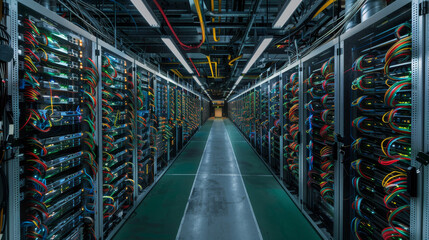 Poster - A long hallway with many computer servers