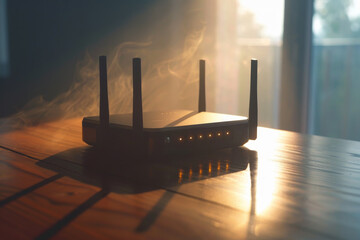 Poster - A black wifi router sits on a wooden table