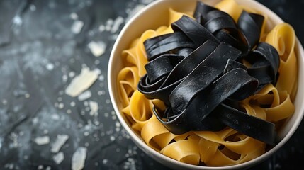 Sticker -   A bowl of black pasta on a dark counter, beside knives and forks