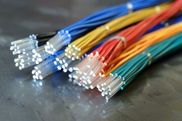 Poster - Close up view of vibrant fiber optic cables with light tips on a metallic background