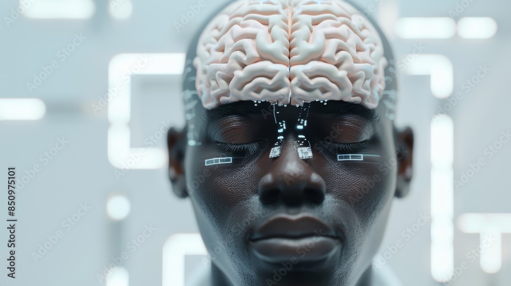 Foto de Stock Black man's head with brain section and chip ...