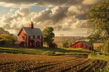 Poster - Tranquil rural farmhouse in golden hour sunset with lush green fields, traditional red barn, and serene countryside landscape