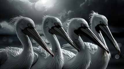 Poster -   A flock of pelicans huddled together on a rocky outcrop against the backdrop of a dark night, the silvery moon casting its ethereal light upon their fe