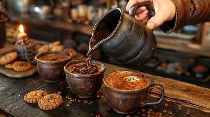 Sticker -   A person pours coffee into two mugs and sets them in front of cookies on a nearby table