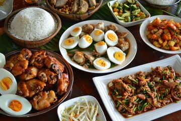 An array of asian dishes with rice, eggs, and meat, ready to serve