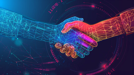 Digital illustration of a handshake symbolizing partnership and collaboration in a futuristic style, Concept of teamwork 