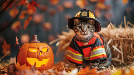 Wall Mural - A cute tabby cat is dressed in a miniature firefighter costume and is posed in front of a jack-o-lantern for Halloween