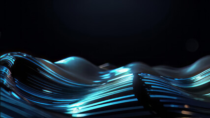 Wall Mural - Grainy abstract blue background, glowing liquid wave, black background,