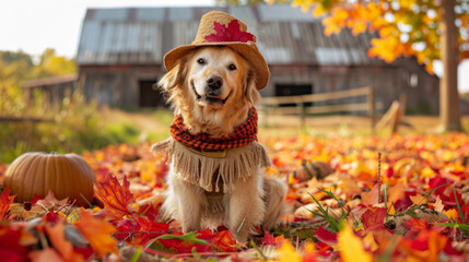 a golden retriever dog dressed in a scarecrow costume sits in a pumpkin patch covered in colorful fa