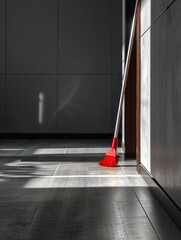 a broom sitting on the floor in front a door