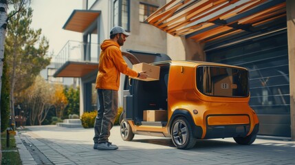 Poster - A customer receiving a package from an autonomous delivery vehicle.
