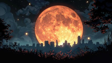 Sticker -   A photo of a moon with a city and trees in the background at night