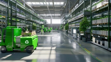Poster - an eco-friendly e-commerce warehouse with green packaging materials, electric delivery vehicles, and