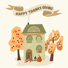 Happy Thanksgiving isolated illustration. Decorated autumn house. Thanksgiving, fall mood. Hand drawn vector illustration.
