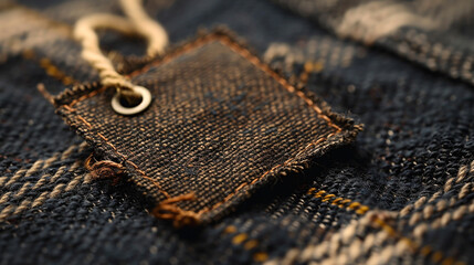 Wall Mural - Brown color cloth tag hanging with a jute thread on a blue denim fabric garment background mock up 