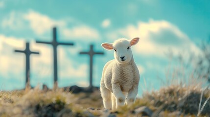 Wall Mural - Lamb standing in front of the three crosses on Calvary hill