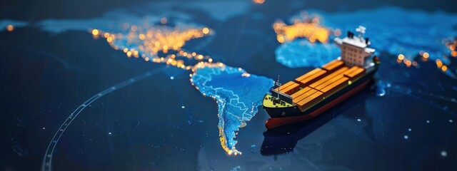 Poster - business technology logistics ship cargo container location point on map blue background. transportation shipping import export international