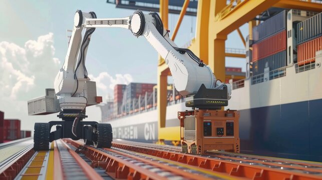 Cargo Loading Robotics: Advanced robotic systems autonomously loading cargo onto a ship, demonstrating the future of automation in maritime logistics.