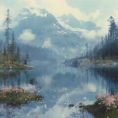 Wall Mural -  Lake, Mountain, Flowers, Clouds