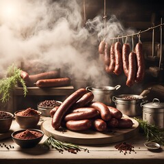 Wall Mural - traditional food smoked sausages smokehouse sausage meat smoke house dried tradition delicious diet smoky beef hanging fat prepared larder calorie epicure pork pantry cookery store domestic spicey