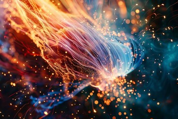 Poster - Digital illustration of dynamic particle waves with vibrant light effects