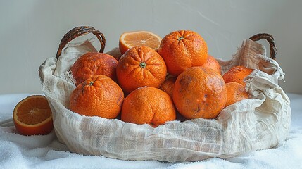 Poster -   Basket with many oranges on white cloth-covered table beside orange slice